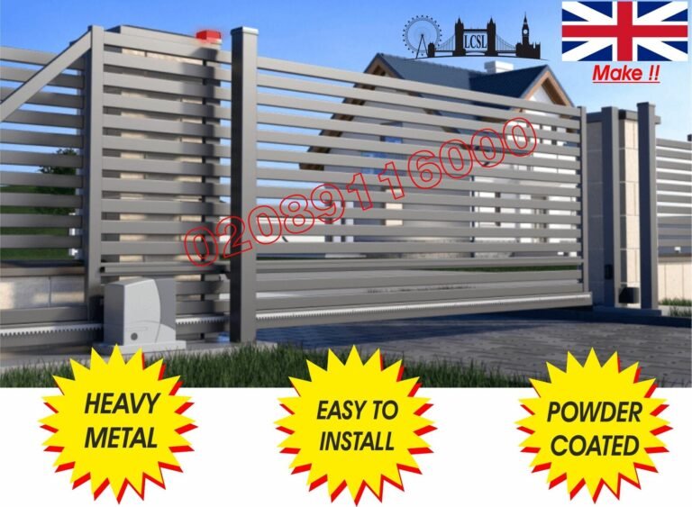 Grey powder coated metal sliding driveway gate with horizontal slats and cantilever track motor