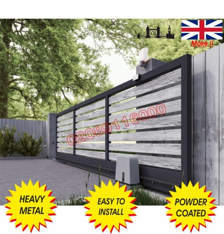 Anthracite composite sliding driveway gate with grey woodgrain slats and automated motor