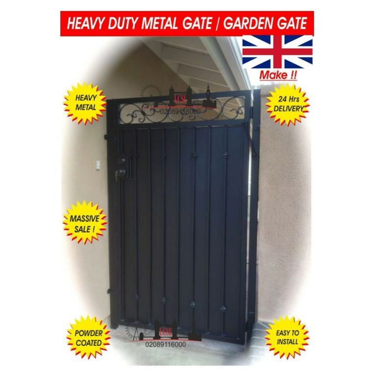 Black powder coated metal garden gate with privacy panels and scroll detailing fitted to side entrance