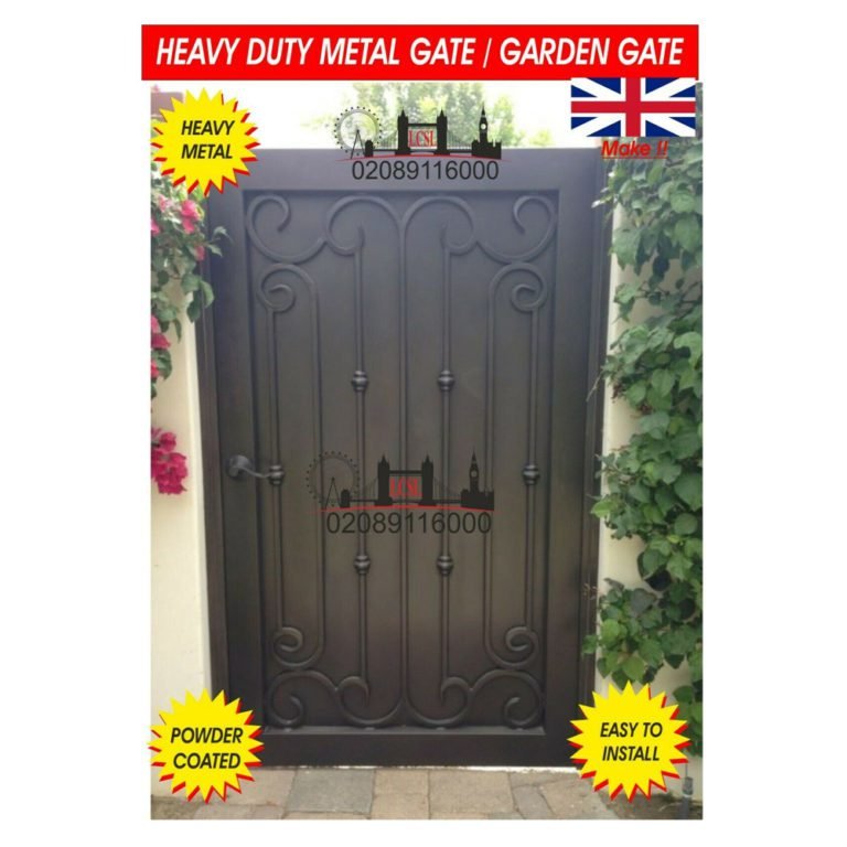 Solid metal garden gate with scroll detailing and powder-coated finish, dark iron side gate