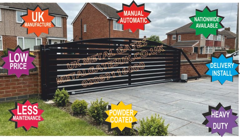Black aluminium sliding driveway gate with curved top and horizontal slats on brick pillars