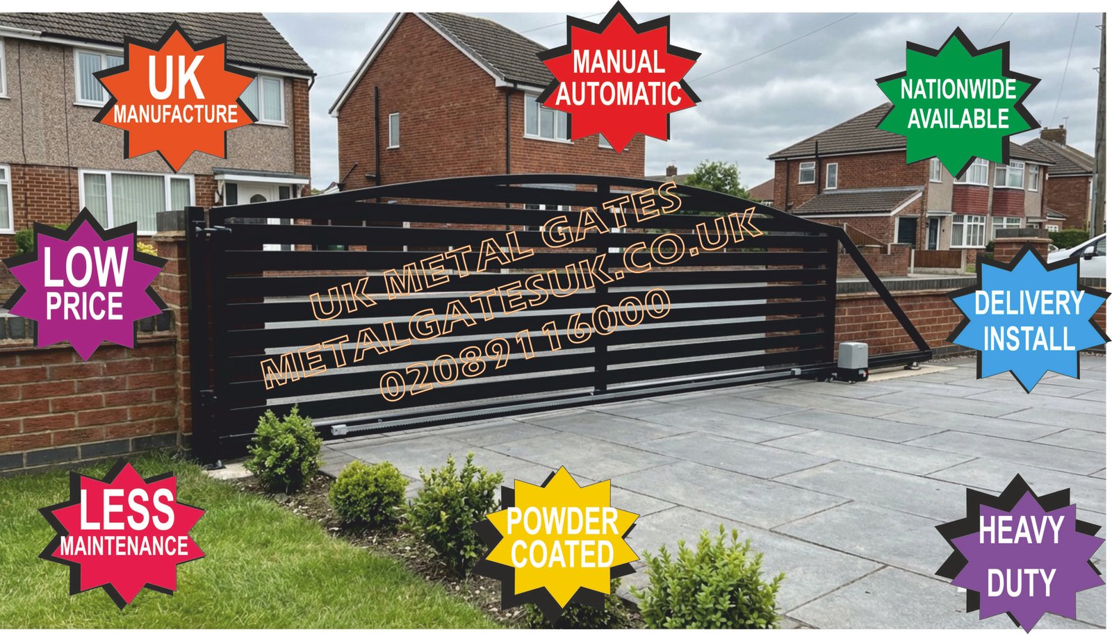 Black aluminium sliding driveway gate with curved top and horizontal slats on brick pillars