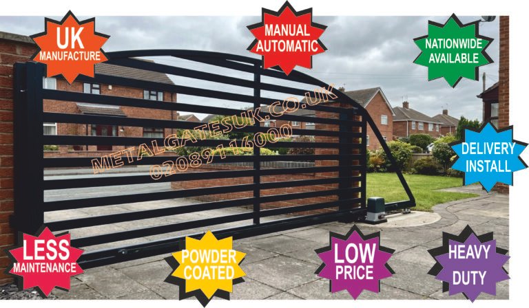 Black cantilever sliding driveway gate with horizontal slats and curved top rail, automatic motor fitted