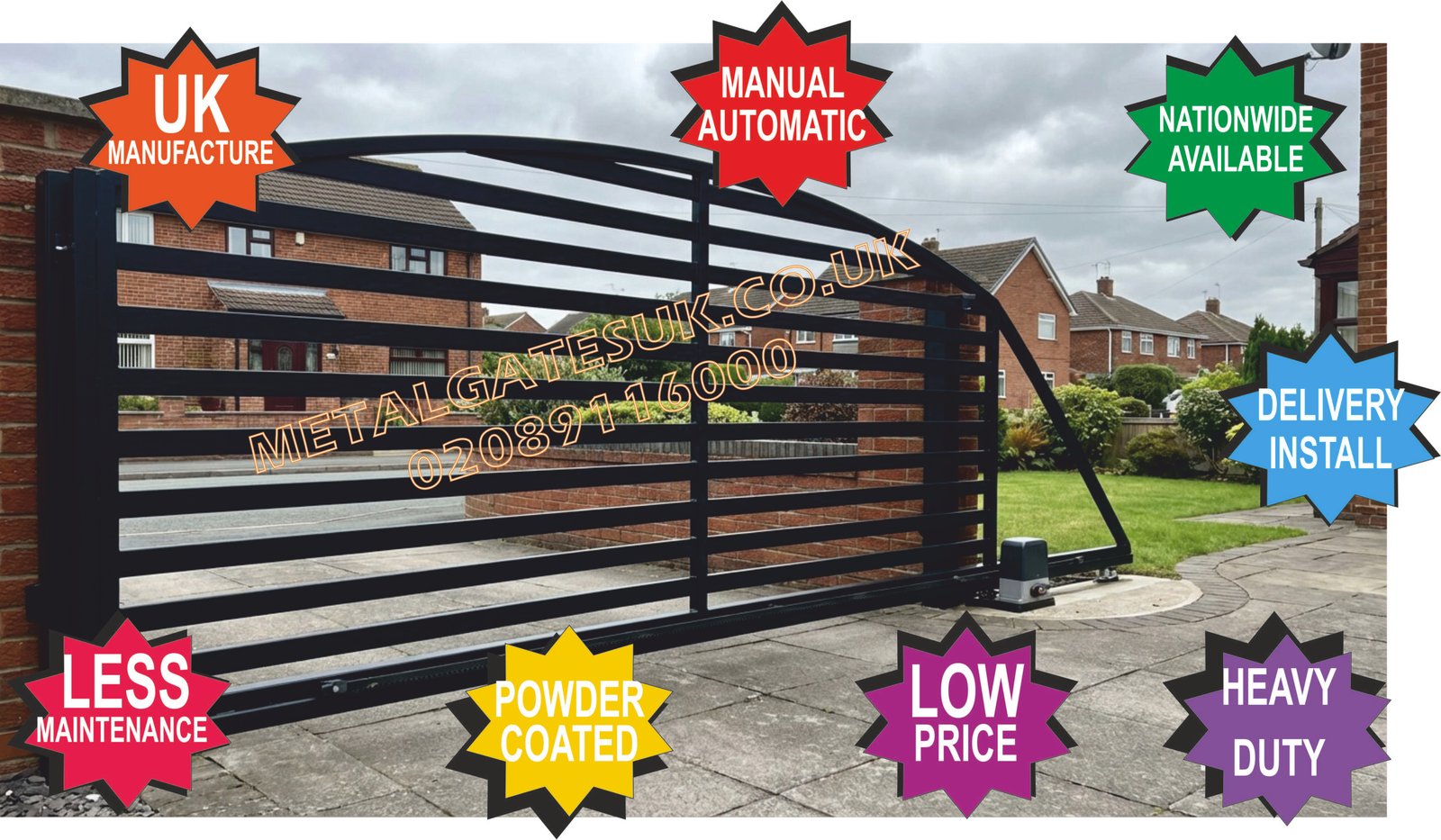 Black cantilever sliding driveway gate with horizontal slats and curved top rail, automatic motor fitted