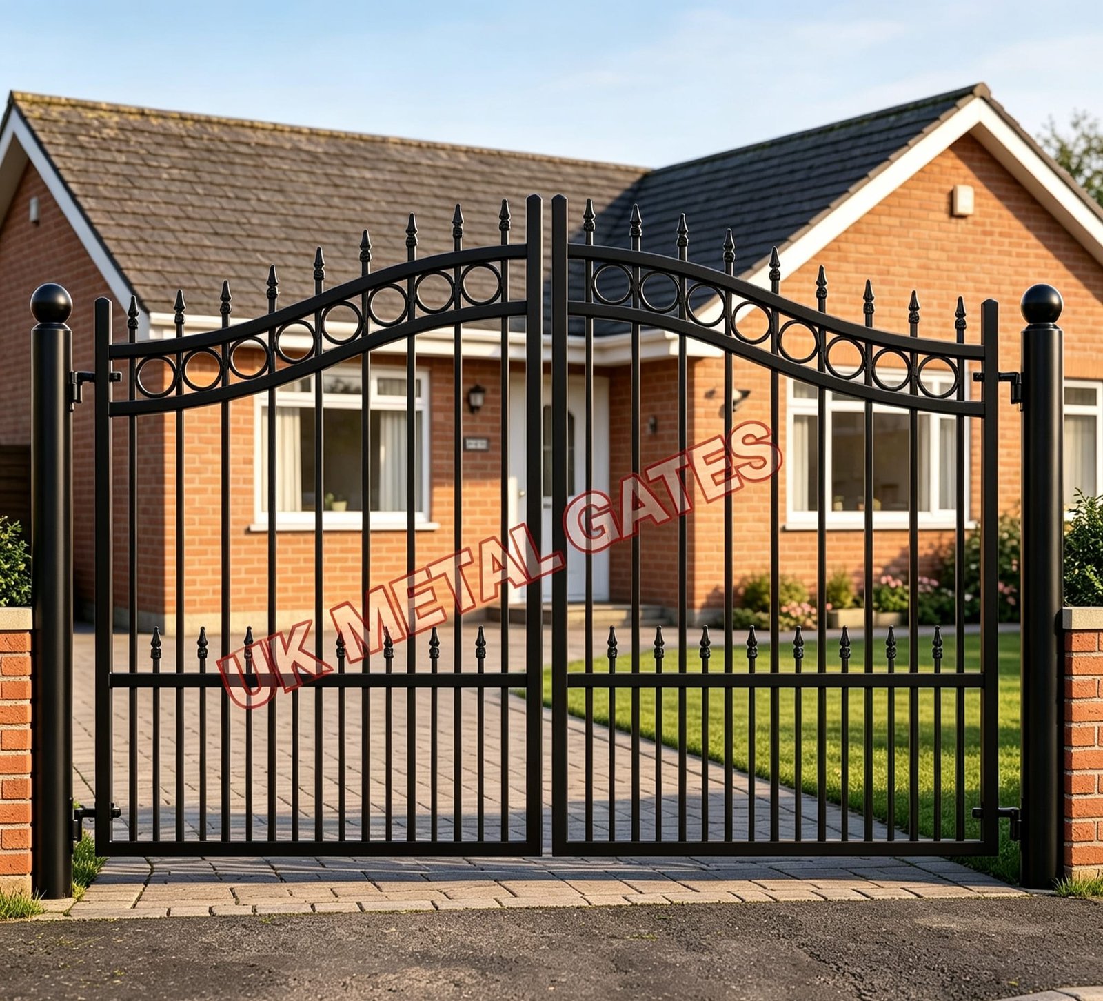 Arched Metal Driveway Gates with Ring Details UKMDG62