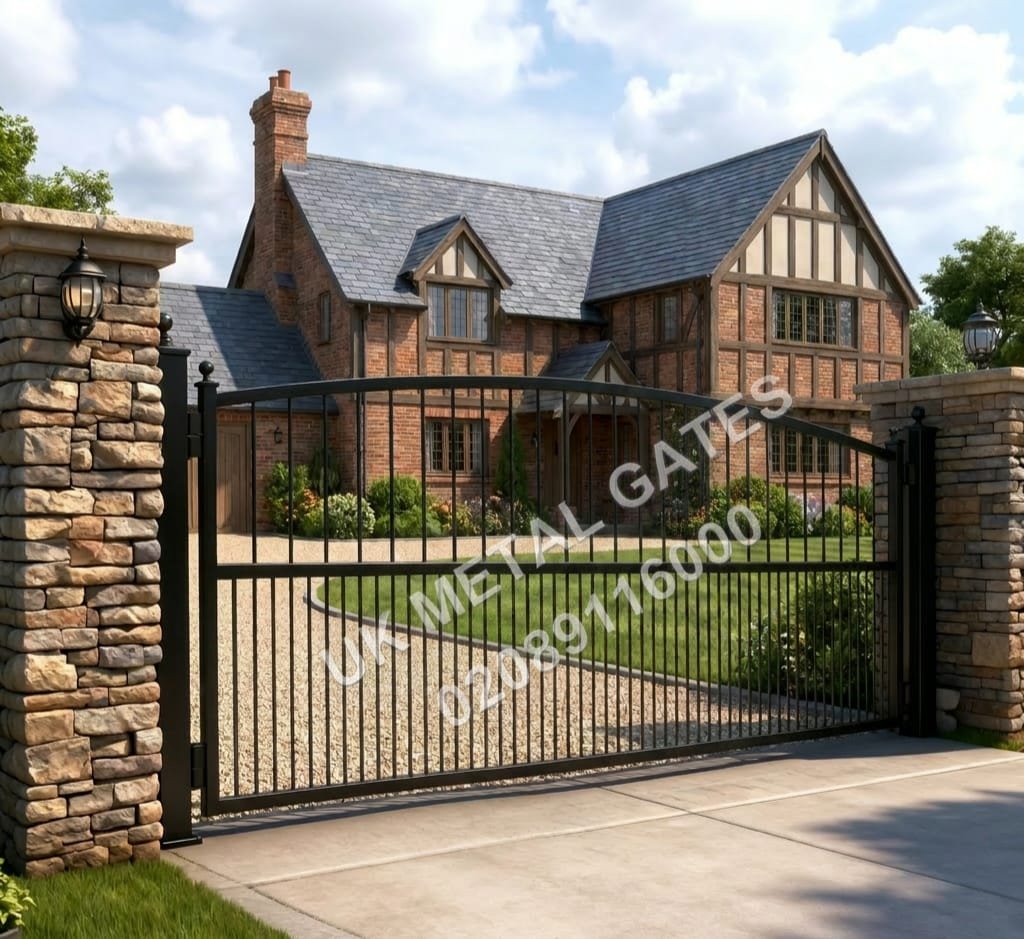 Arched Metal Driveway Gates with Dog Bars UKMDG48