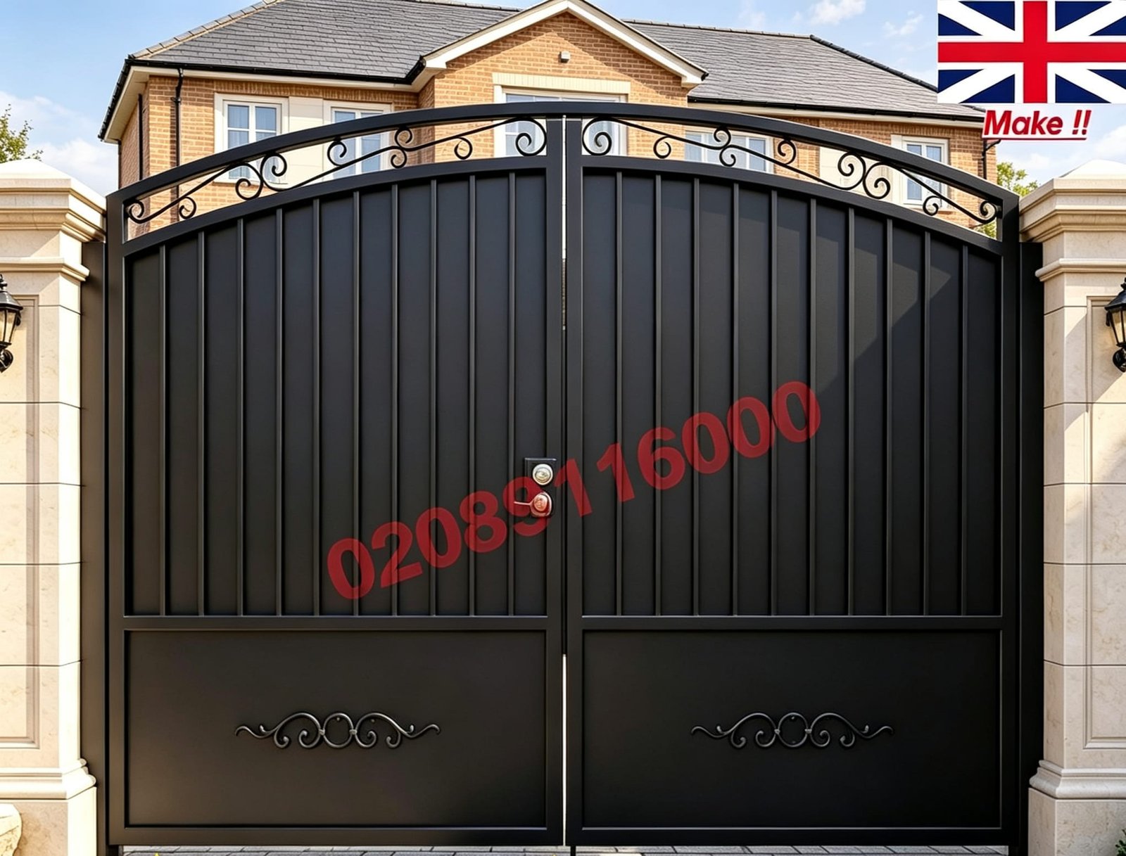 Arched Metal Driveway Gates with Solid Base Panels UKMDG139