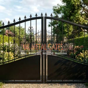 Arched Part-Solid Wrought Iron Driveway Gates with Spear Finials UKMDG205