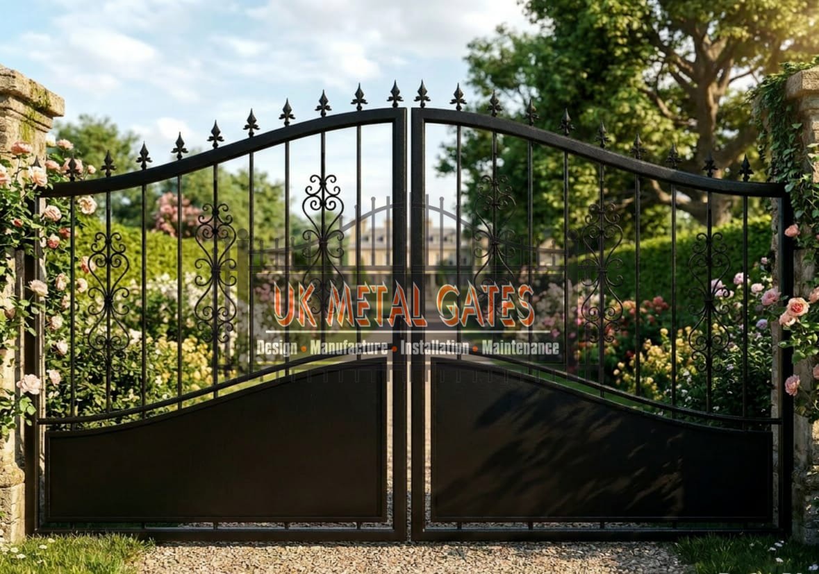 Arched Part-Solid Wrought Iron Driveway Gates with Spear Finials UKMDG205
