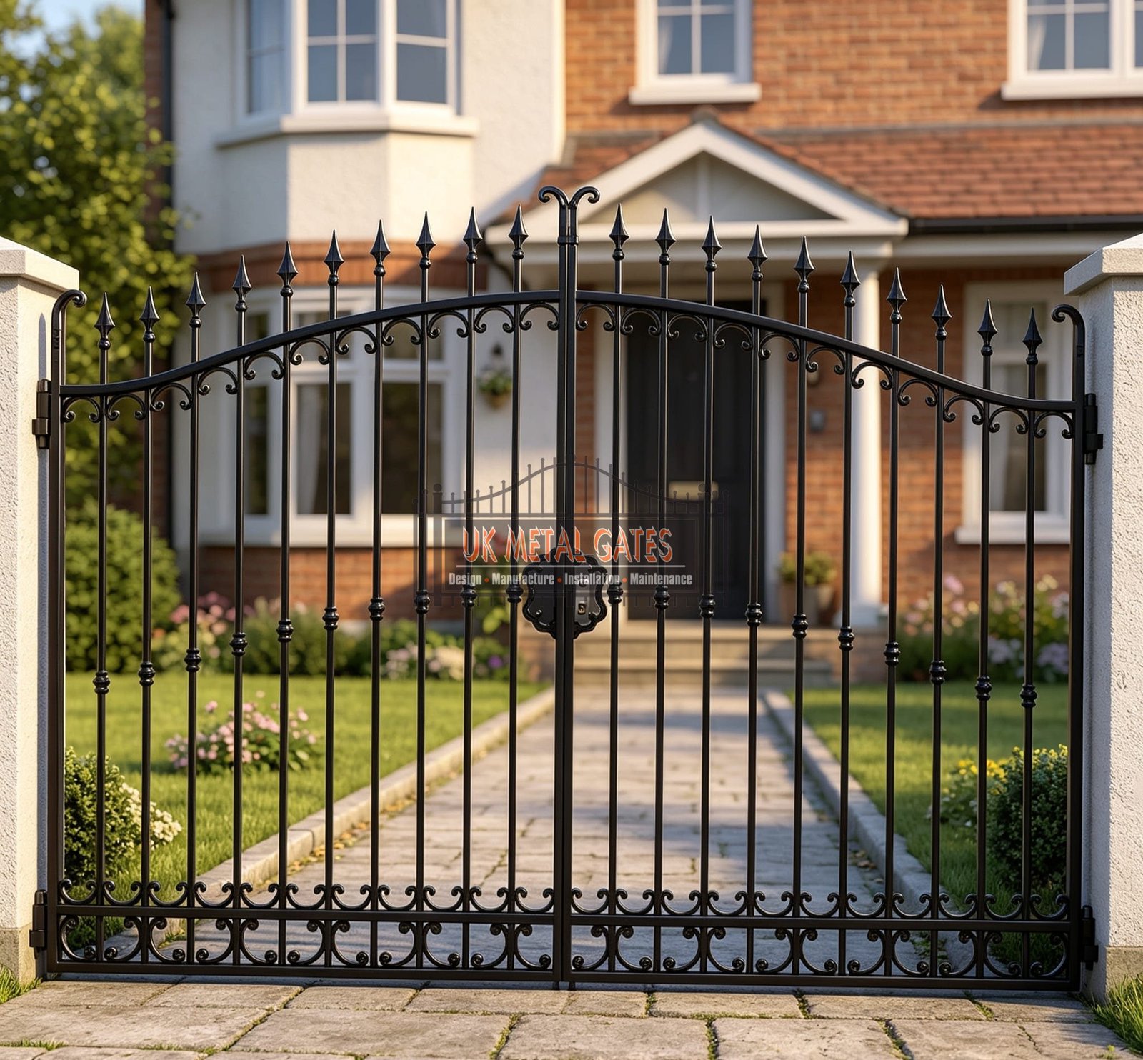 Bespoke Arched Metal Driveway Gates with Spear Finials UKMDG82