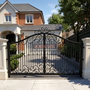 Bespoke Arched Wrought Iron Driveway Gates with Scrollwork UKMDG74
