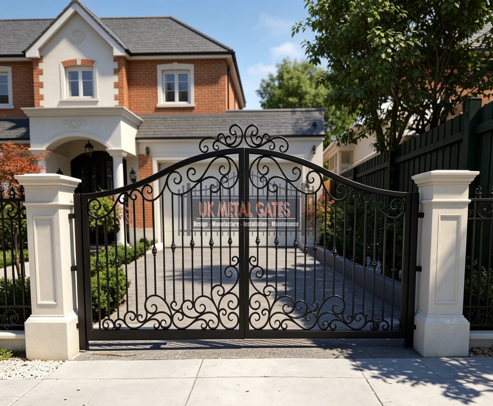 Bespoke Arched Wrought Iron Driveway Gates with Scrollwork UKMDG74