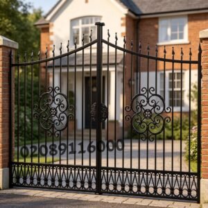 Bespoke Arched Wrought Iron Driveway Gates with Rosette Scrollwork UKMDG99