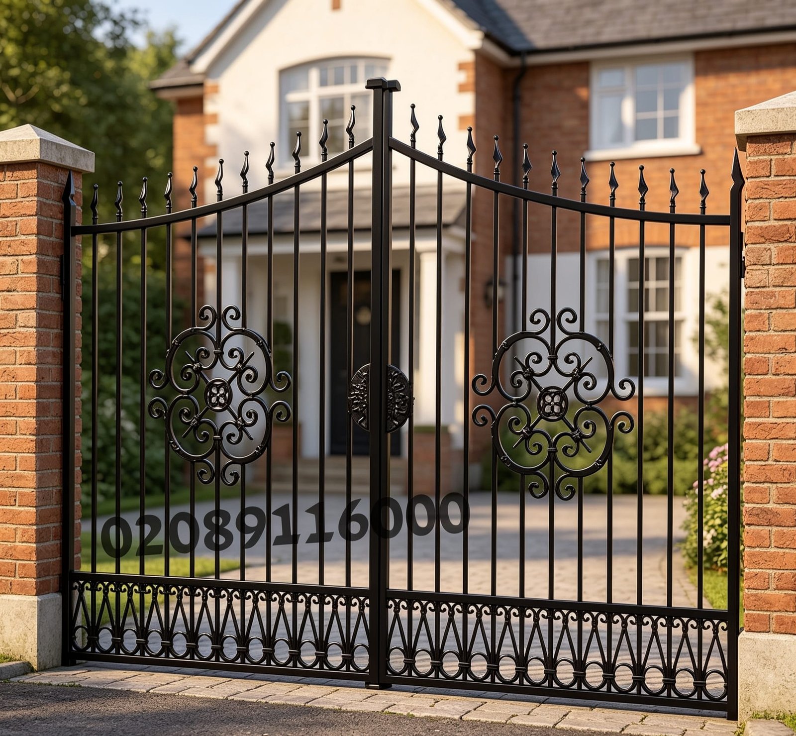 Bespoke Arched Wrought Iron Driveway Gates with Rosette Scrollwork UKMDG99