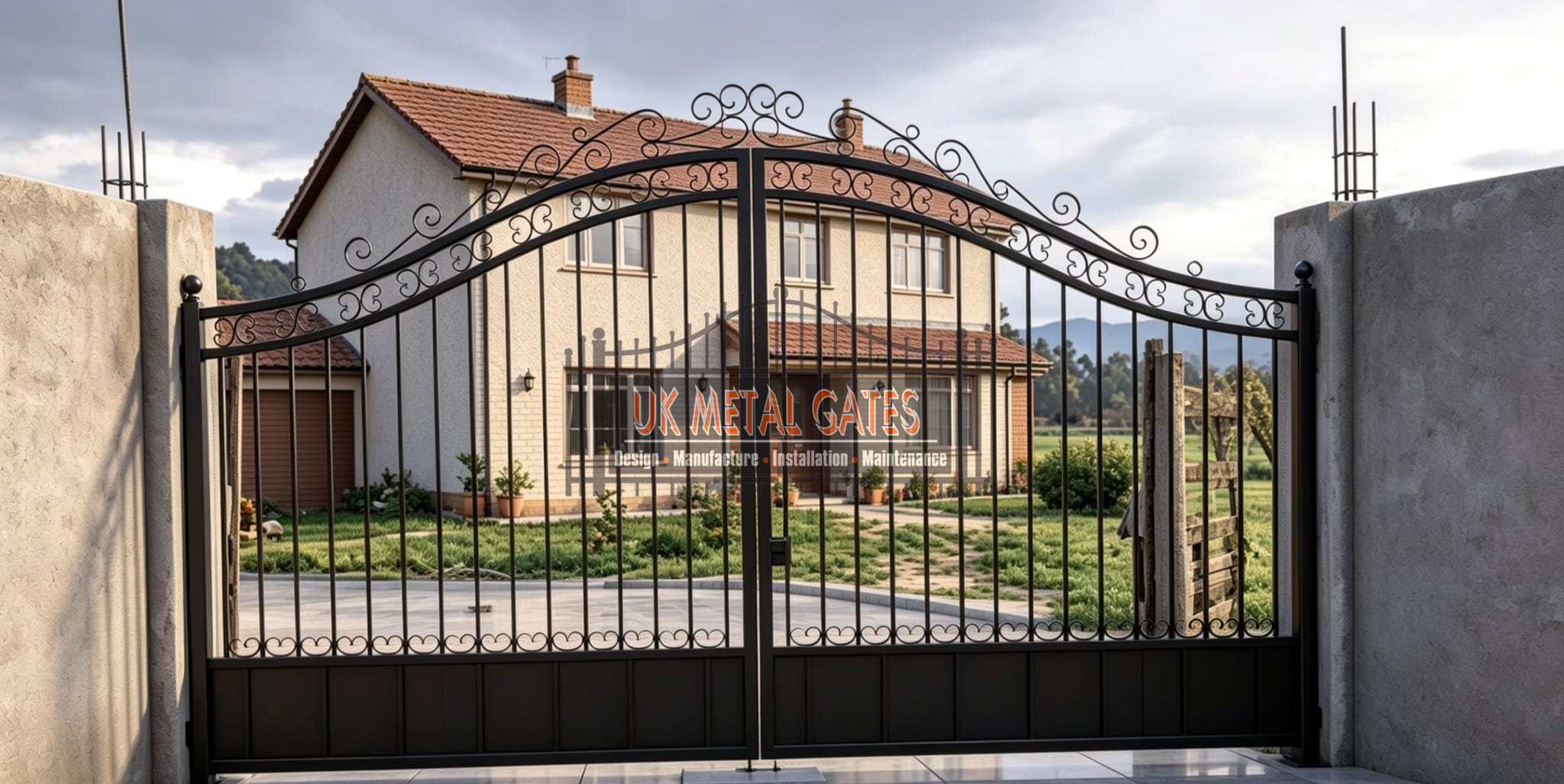 Bespoke Bow Top Wrought Iron Driveway Gates with Spearheads UKMDG120