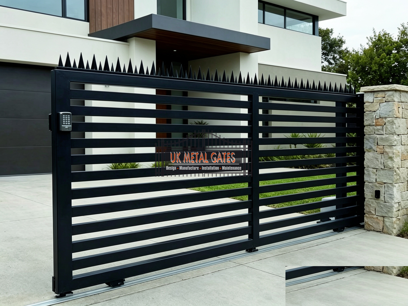 Black Horizontal Louvered Sliding Gate with Spike Top