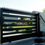 Black Steel Horizontal Bar Sliding Gate with Spike Top