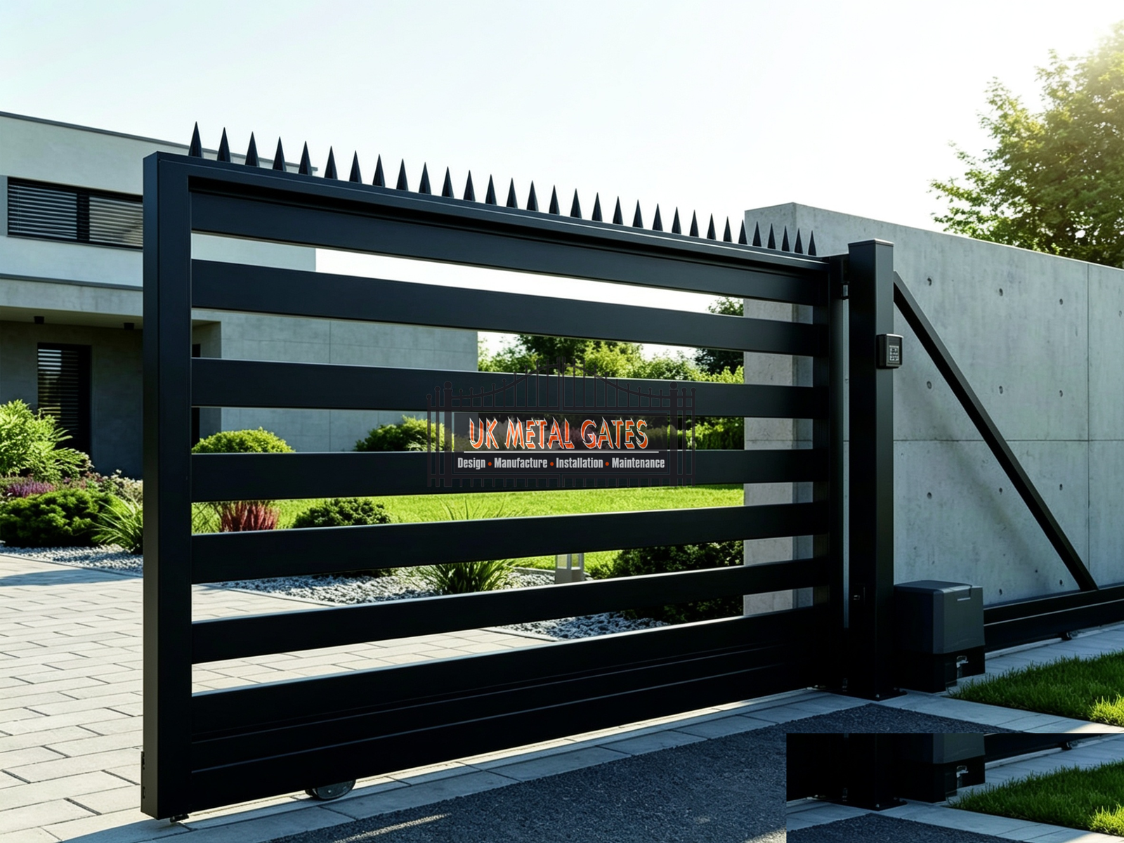Black Steel Horizontal Bar Sliding Gate with Spike Top