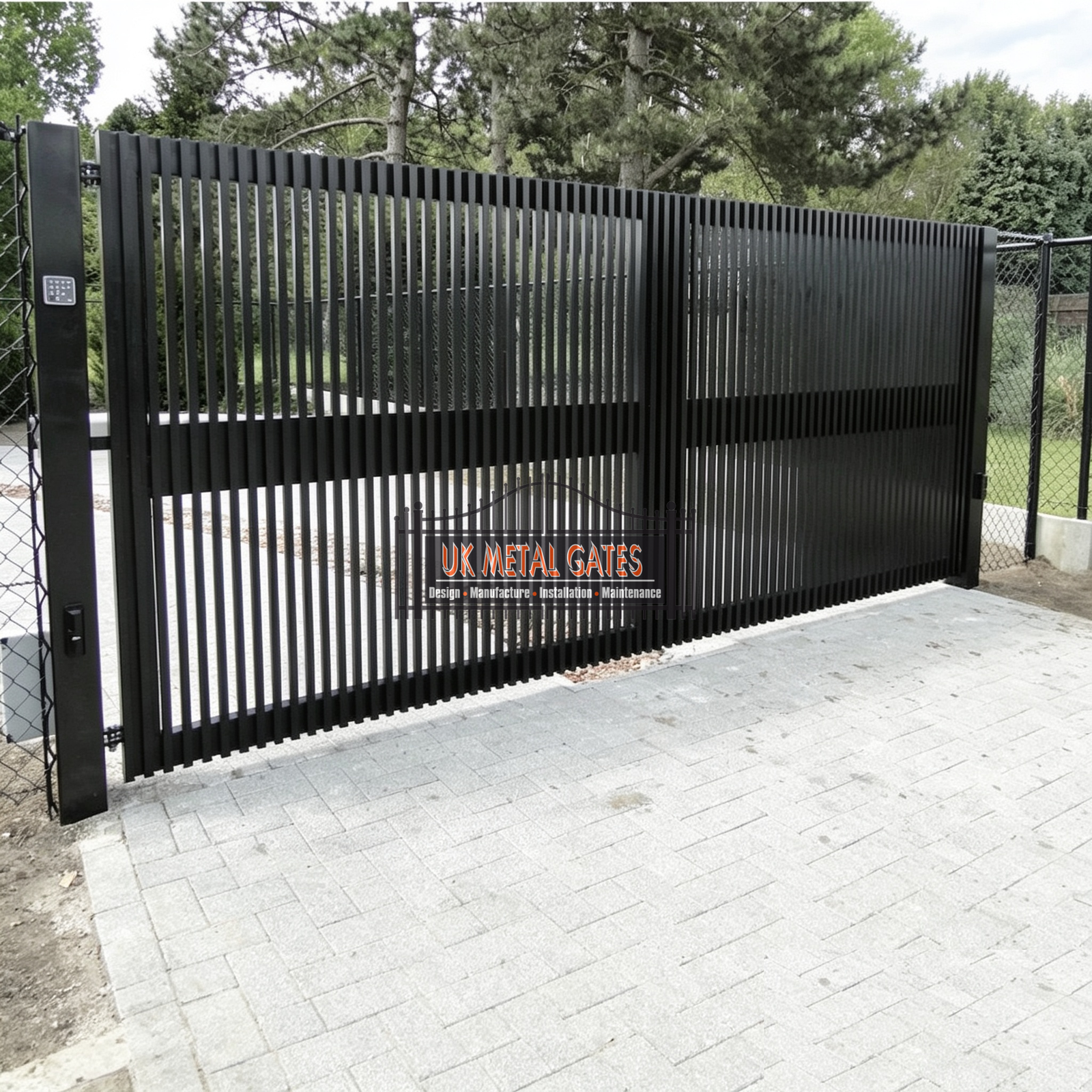 Black Vertical Slat Cantilever Sliding Gate