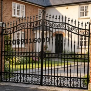 Classic Arched Metal Driveway Gates with Scrollwork Panels UKMDG95