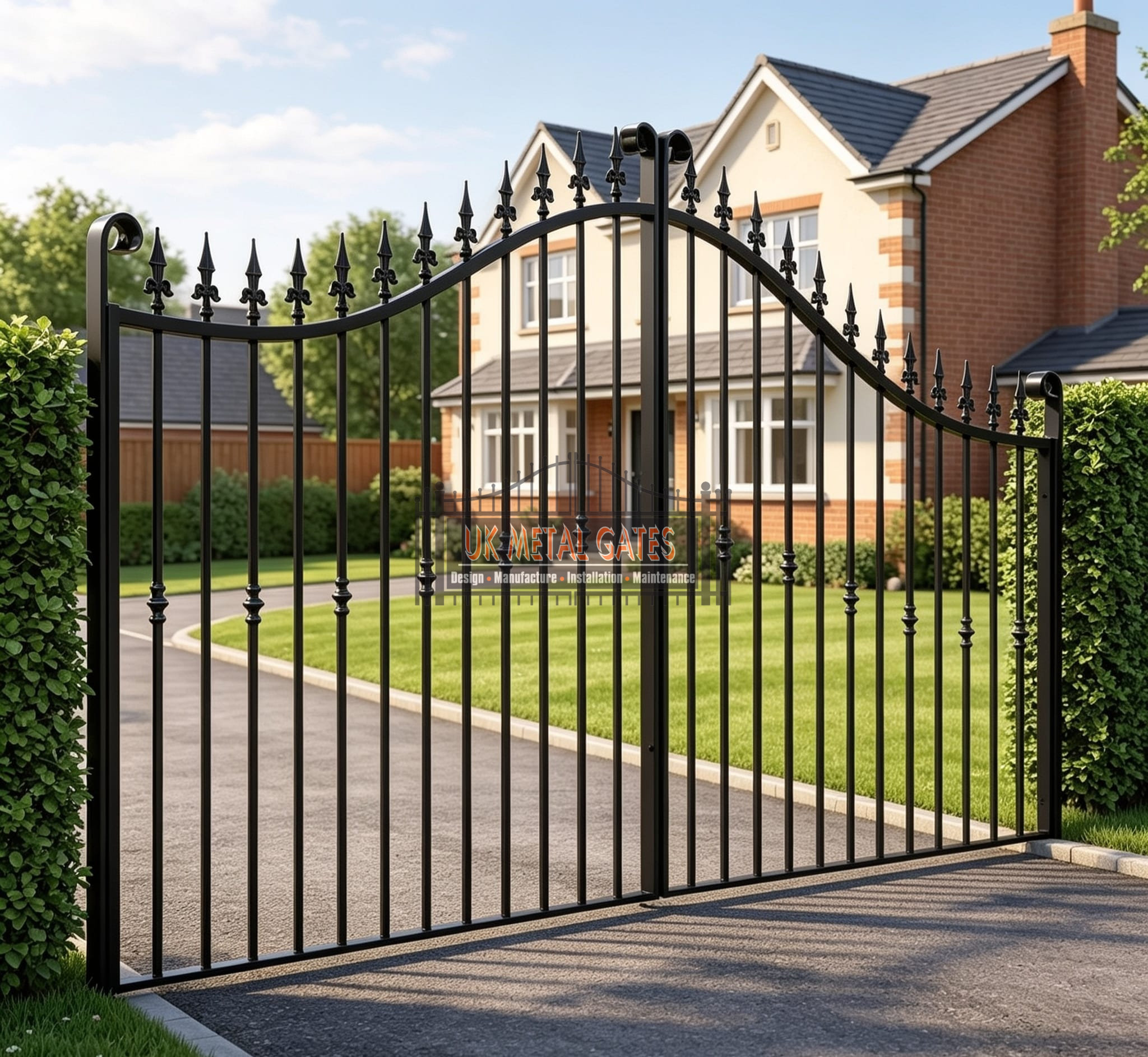 Classic Bell Curved Wrought Iron Driveway Gates with Spear Tops UKMDG125
