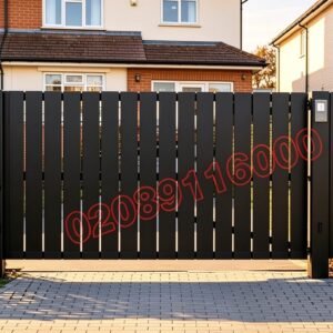 Contemporary Vertical Slat Flat Top Metal Driveway Gates UKMDG151