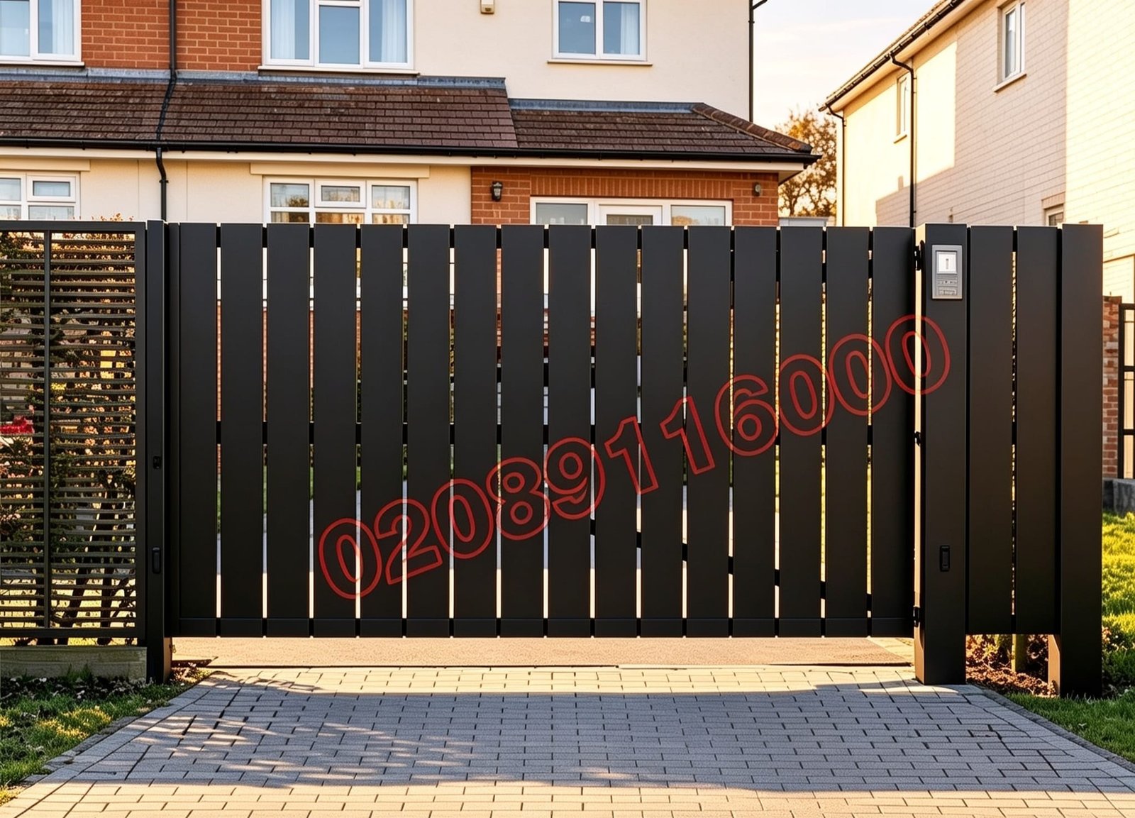 Contemporary Vertical Slat Flat Top Metal Driveway Gates UKMDG151