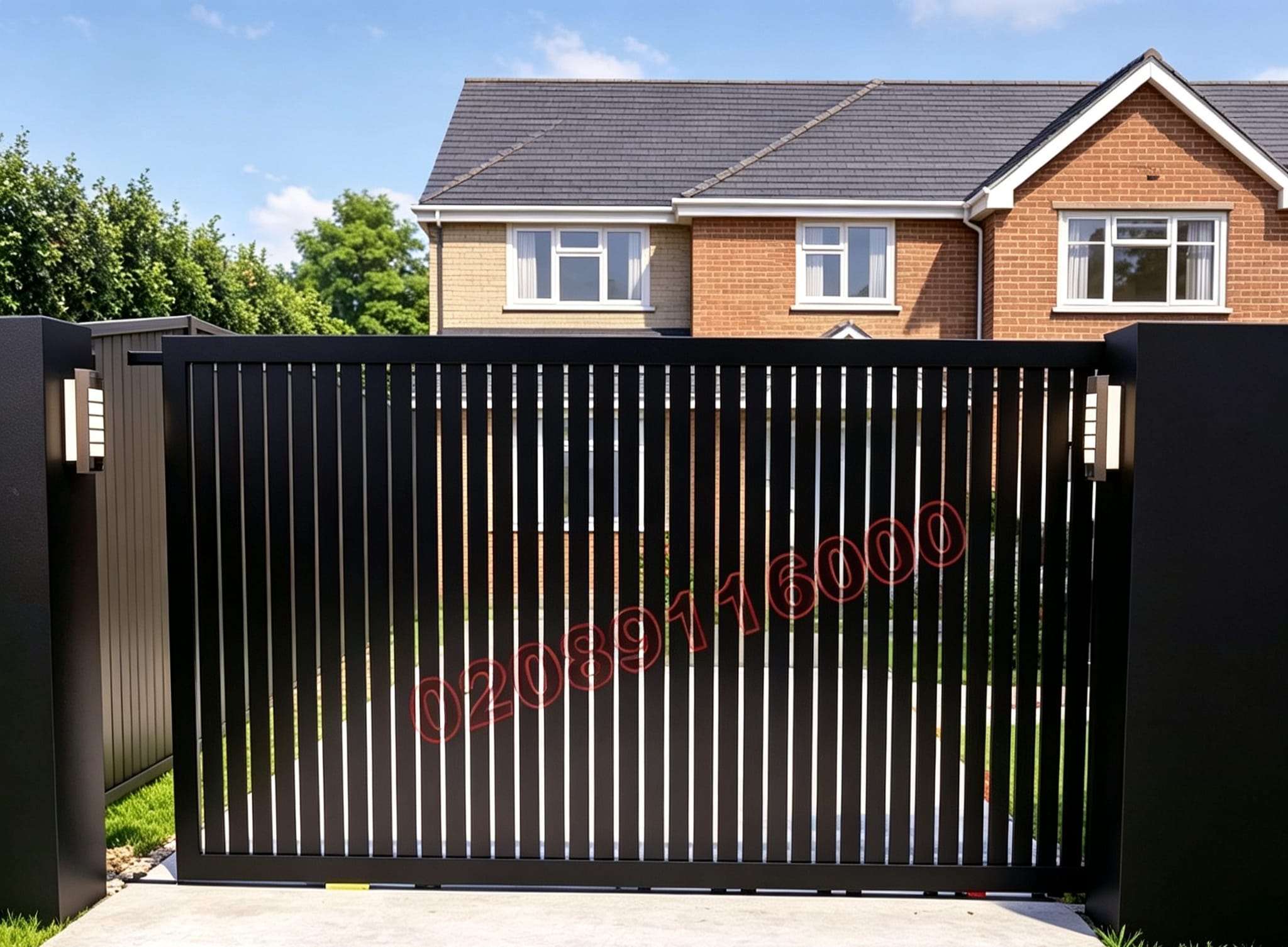 Contemporary Vertical Slat Flat Top Metal Driveway Gates UKMDG140