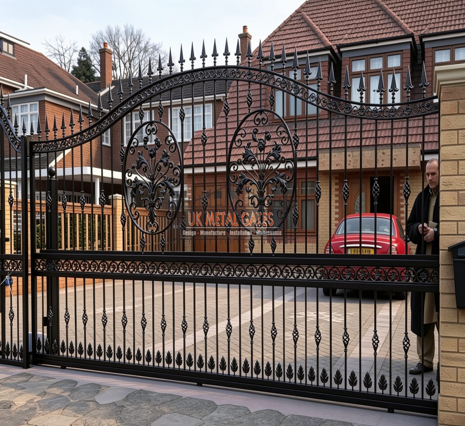 Custom Arched Metal Driveway Gates with Ornate Oval Medallions UKMDG121