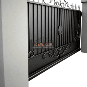 Dark Grey Ornamental Scroll Sliding Gate with Finials