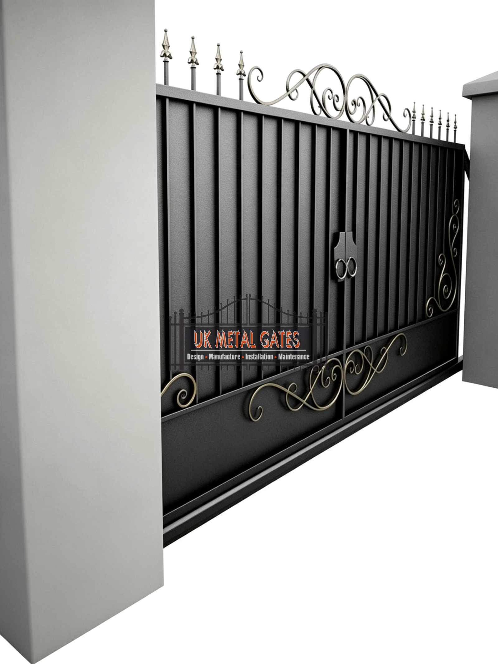 Dark Grey Ornamental Scroll Sliding Gate with Finials