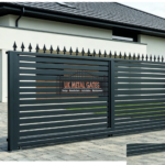 Dark Grey Horizontal Slat Sliding Gate with Spike Top