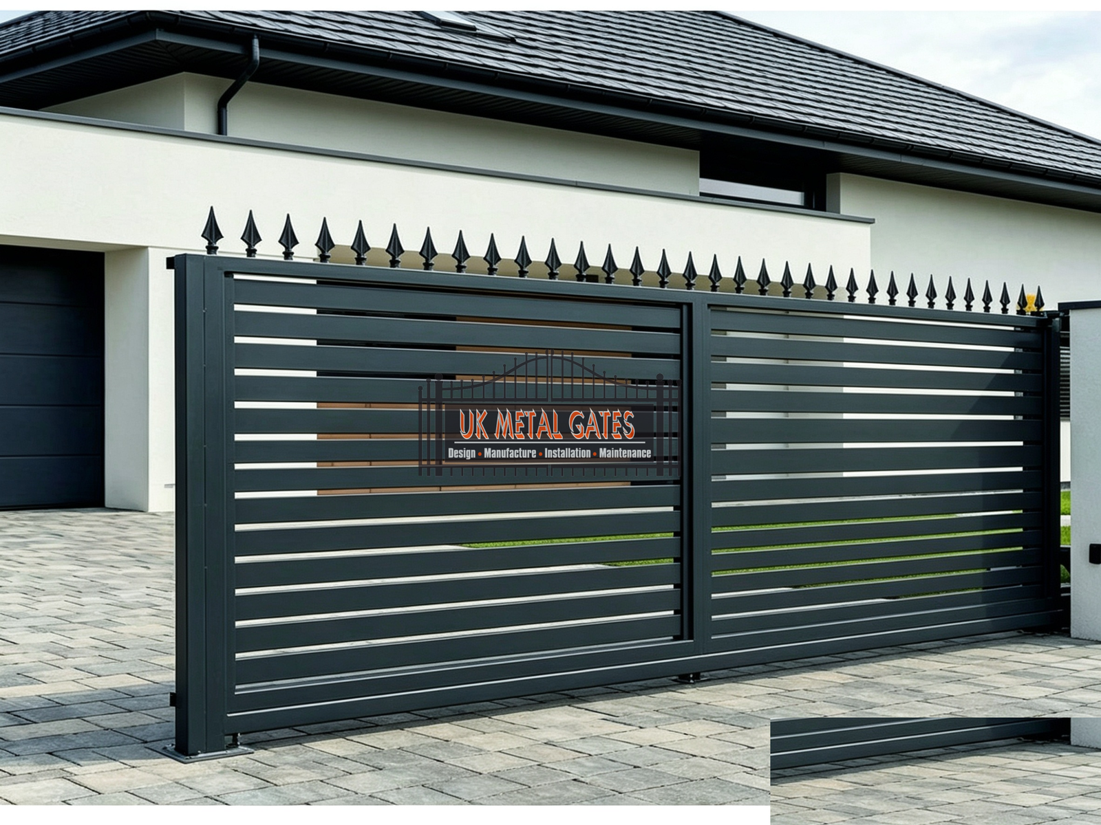 Dark Grey Horizontal Slat Sliding Gate with Spike Top