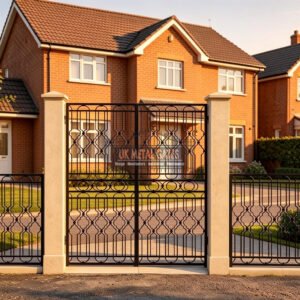 Elegant Flat Top Metal Driveway Gates with Geometric Detail UKMDG90