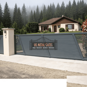 Grey Louvered Sliding Gate with Mesh Side Panels
