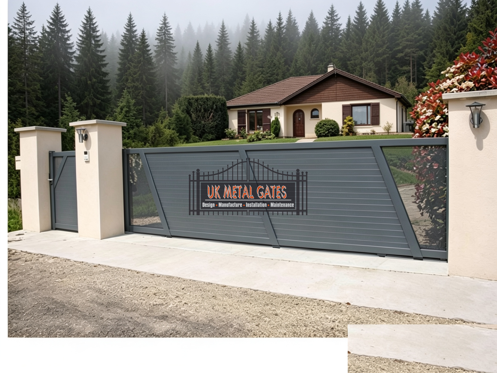 Grey Louvered Sliding Gate with Mesh Side Panels