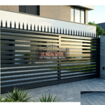 Grey Horizontal Slat Sliding Gate with Spear Finial Top