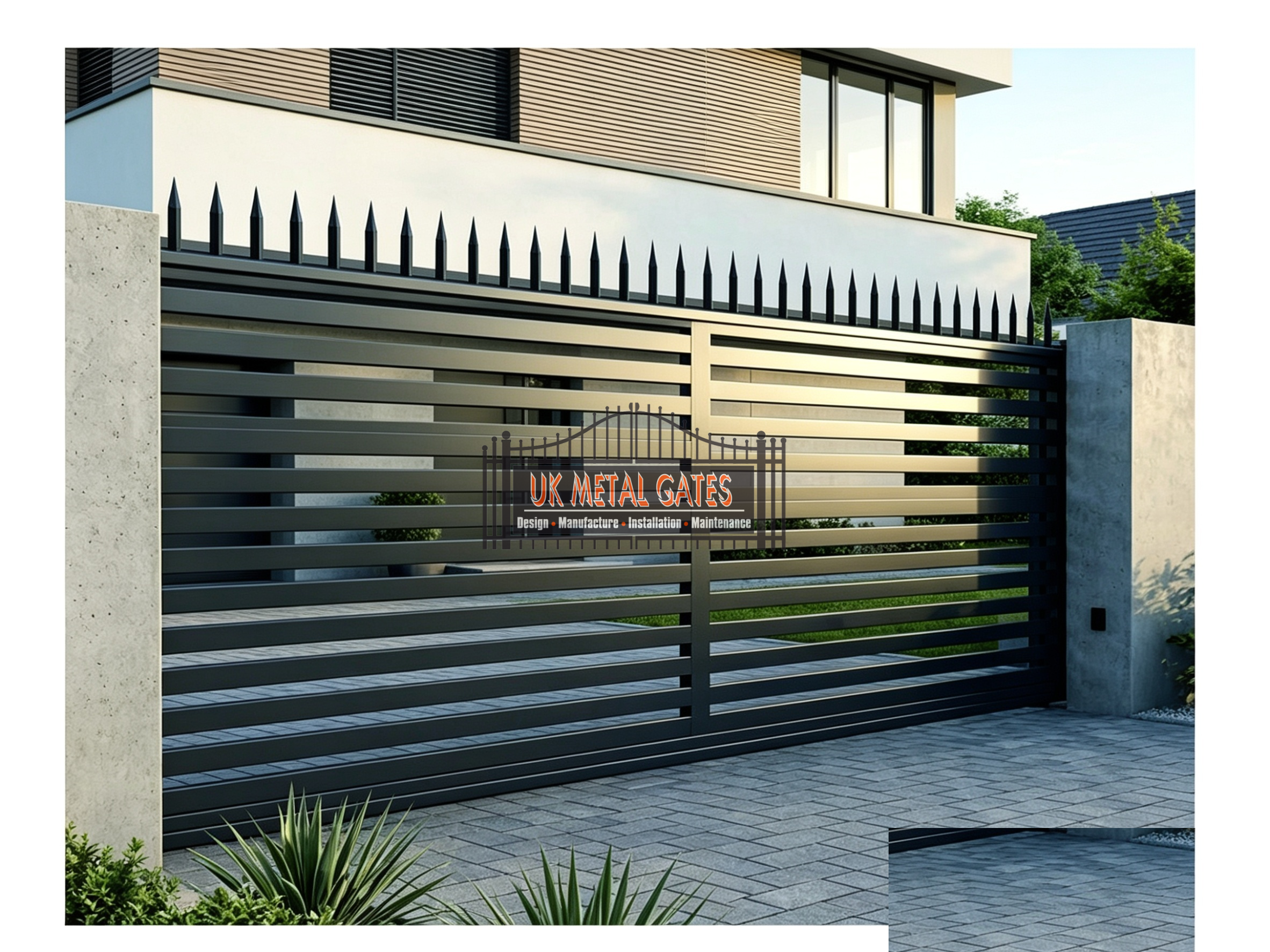 Grey Horizontal Slat Sliding Gate with Spear Finial Top