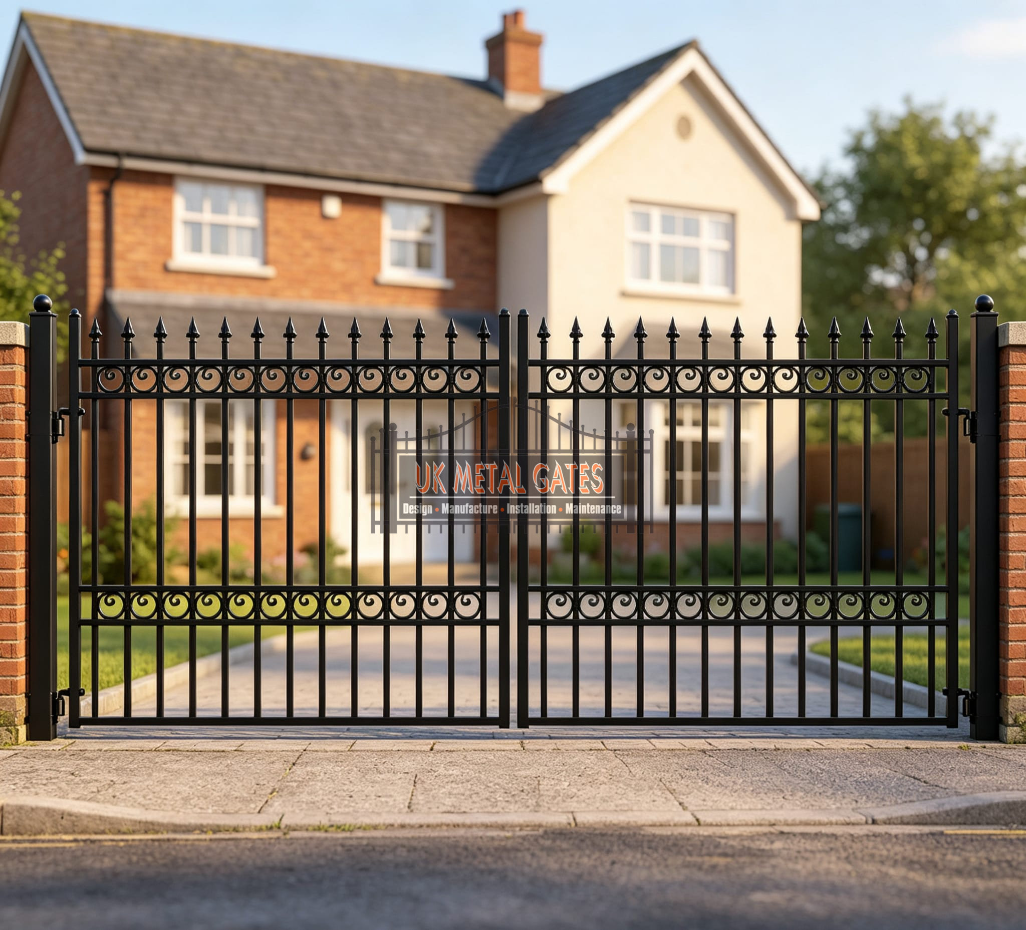 Traditional Spear Top Metal Driveway Gates with Scroll Bands UKMDG54