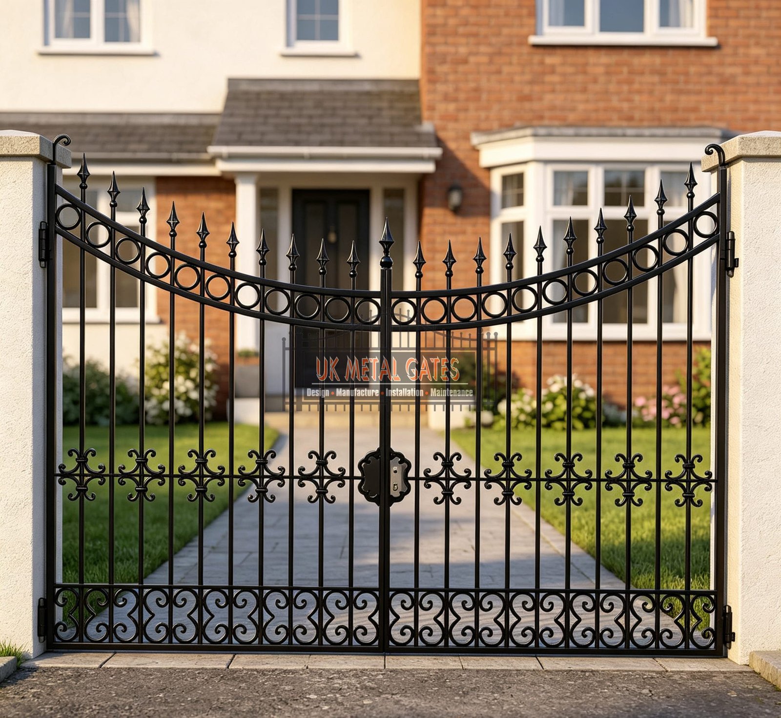 Inverted Arch Wrought Iron Driveway Gates with Ring Details UKMDG84