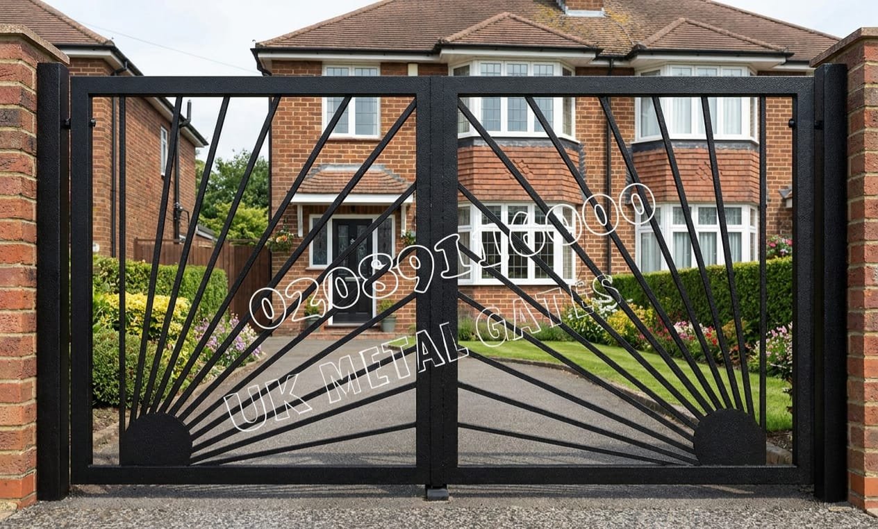 Modern Sunburst Design Metal Driveway Gates UKMDG22