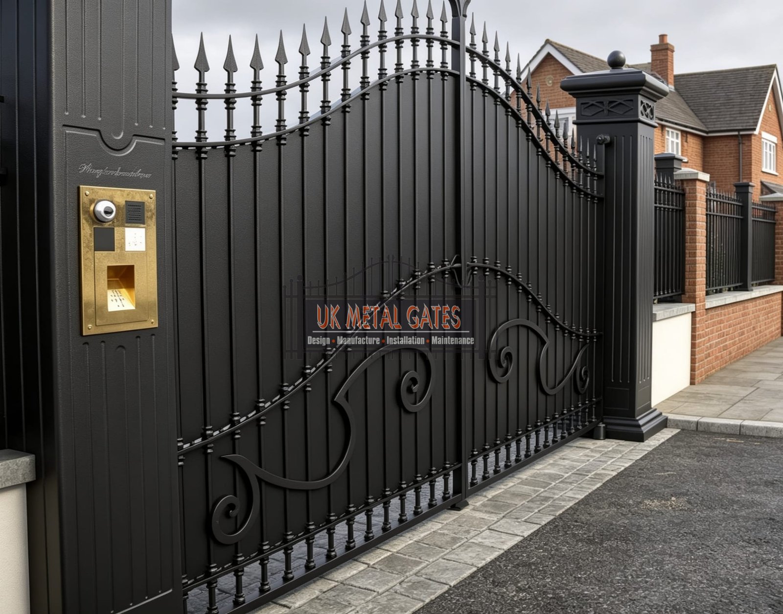 Ornate Wrought Iron Gates with Solid Decorative Base UKMDG57