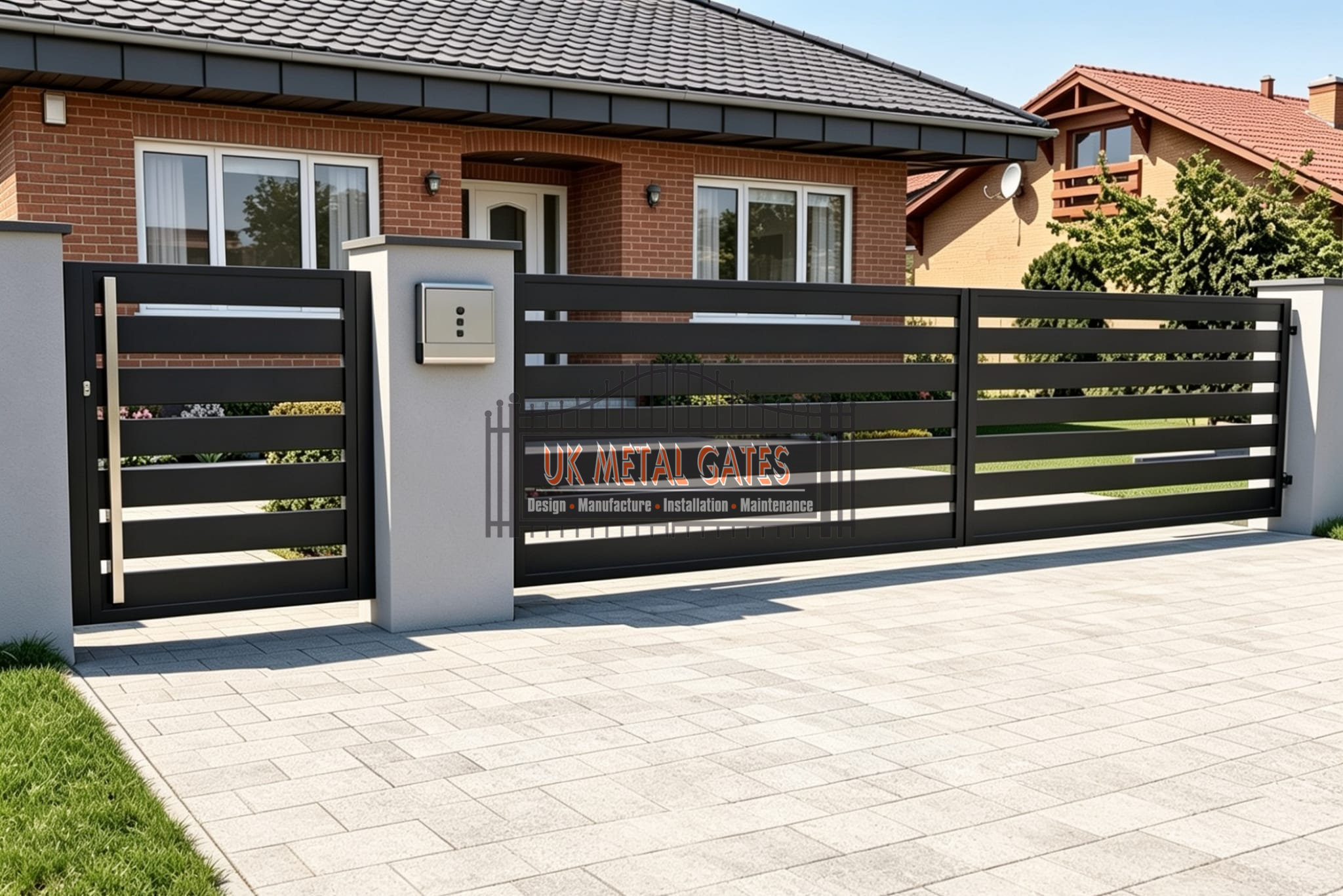 Modern Wide Horizontal Slat Metal Driveway Gates UKMDG132