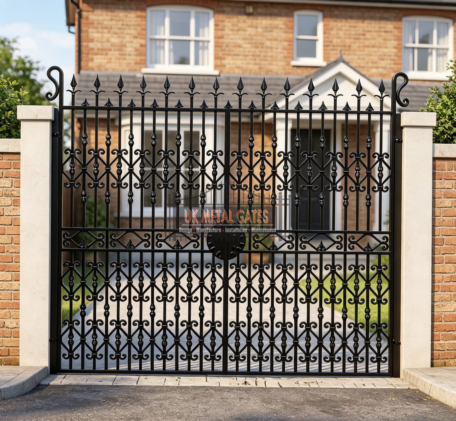 Ornate Flat Top Wrought Iron Driveway Gates with Scrollwork UKMDG83
