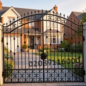 Scalloped Top Metal Driveway Gates with Rings and Scrolls UKMDG92