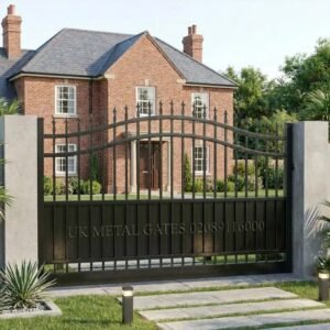 Semi-Solid Base Arched Metal Driveway Gates with Spear Finials UKMDG45