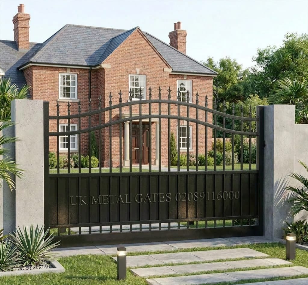 Semi-Solid Base Arched Metal Driveway Gates with Spear Finials UKMDG45