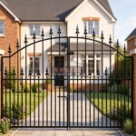 Traditional Arched Metal Driveway Gates with Dog Bars UKMDG124