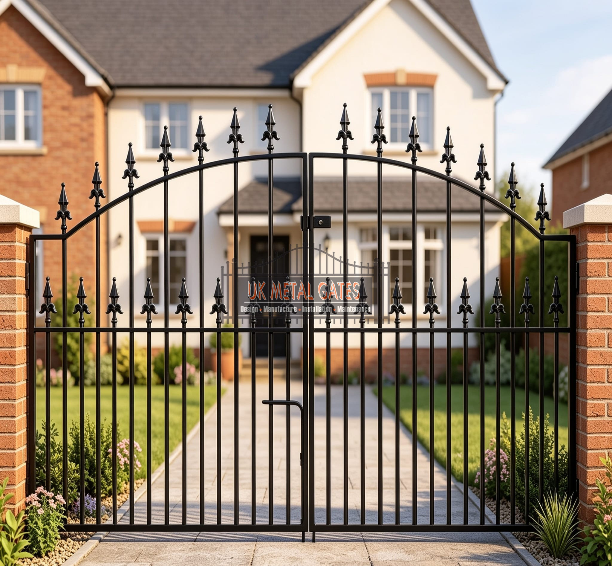 Traditional Arched Metal Driveway Gates with Dog Bars UKMDG124