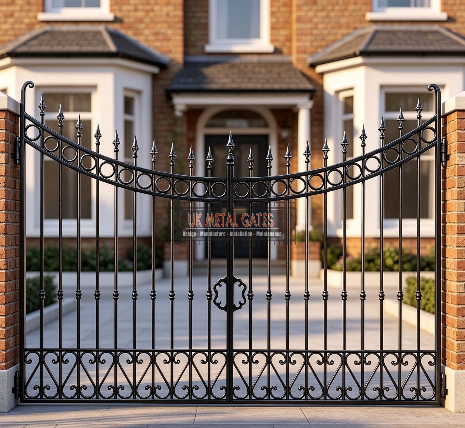 Traditional Arched Wrought Iron Driveway Gates with Finials UKMDG81